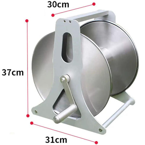 Beast Mode Stainless Steel Garden Hose Reel Kit, 37cm tall, 31cm wide, sturdy crank rig for 40 meter hoses.