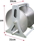 Heavy Duty Stainless Steel Garden Hose Reel With Secure Lid And Smooth Crank Rewind, wall mounted portable holder image, size 30x37cm.