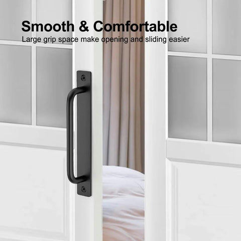 2 Pack Sliding Barn Door Handles Black Zinc Alloy Door Pulls With Plate 7.1 Inch Long 6.3 Inch Hole Center on white door