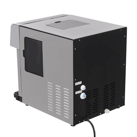 Dual Action Countertop Ice Maker And On Tap Cold Water Dispenser With Smooth Lcd Controls rear view showing connections and tank.