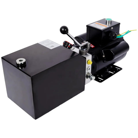 Heavy Duty Hydraulic Power Unit With 6 Quart Reservoir And Single Phase Motor, featuring a steel tank and control lever for smooth lifting.