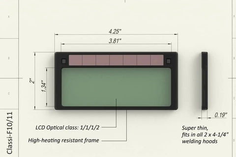 Ultra Thin Auto Darkening Welding Lens 0.19 Inch Shade 11 with dimensions for TIG welding hoods