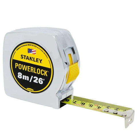 PowerLock Tape Measure 26 Ft By 1 In Wide With 7 Ft Standout Built Tough Mylar Coated Blade For Longevity Chrome High Impact ABS Case Tru Zero End Hook Cm Graduation For Easy Metric And Imperial Reading showing 8m/26' mark