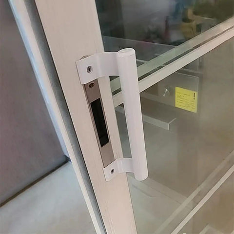 Built Tough 8 Inch Aluminum Alloy Sliding Door Handle Featuring Corrosion Resistant Surface And Comfortable Oval Grip For Bathroom Closet And Kitchen Cabinets on glass door.
