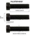 Fillister head screws showing thread length, head diameter, height, and major/thread diameter for 12 Pack 6-48 X 1/4 Inch T10 Torx Rifle Scope Base Screws.