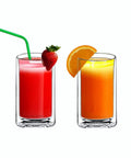 Hella Clear Double Wall Highball Glasses Set Of 2 Badass 13 Oz Thermal Insulated Drinkware For Beer Coffee Juice Smoothies And Cocktails, featuring a red juice with a straw and an orange juice slice.