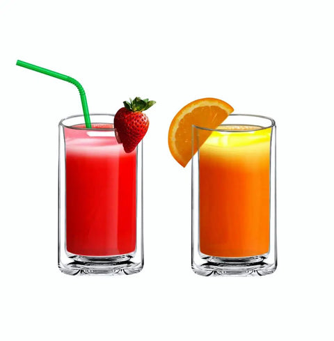 Hella Clear Double Wall Highball Glasses Set Of 2 Badass 13 Oz Thermal Insulated Drinkware For Beer Coffee Juice Smoothies And Cocktails, featuring a red juice with a straw and an orange juice slice.