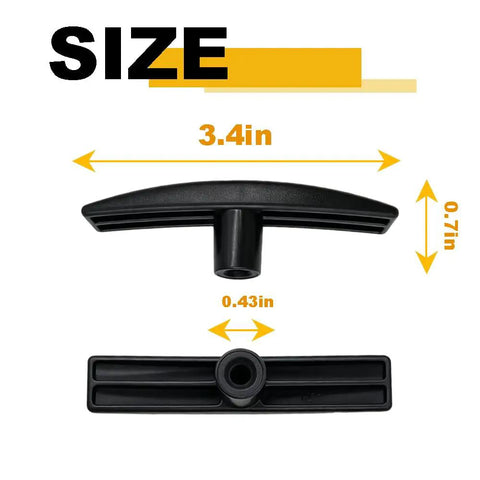 Top and side view showing measurements of 2 Pack RV Waste Water Valve Handles Replacement Compatible With Camco T-shape plastic handles