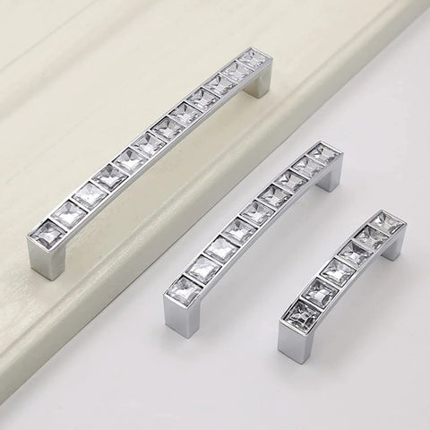Six Pack U Shape Crystal Glass Drawer Pull Knobs For Cabinets And Dressers With Zinc Alloy Base Modern Shiny Silver Handles