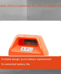 Heavy Duty 24V And 48V LiFePO4 Replacement Battery For Electric Pallet Jacks With Smart BMS Protection Long Cycle Life close-up view of orange battery with safety icons.