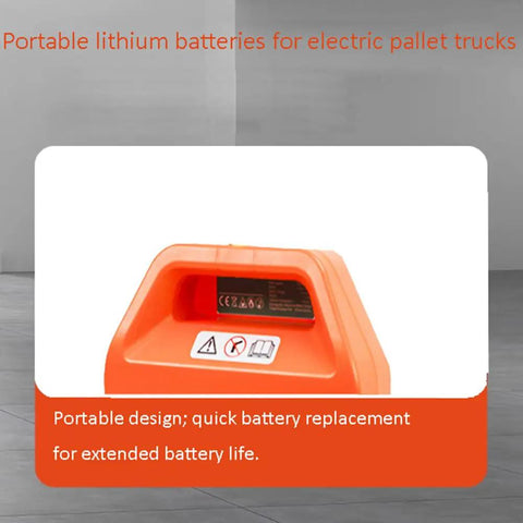 Heavy Duty 24V And 48V LiFePO4 Replacement Battery For Electric Pallet Jacks With Smart BMS Protection Long Cycle Life close-up view of orange battery with safety icons.