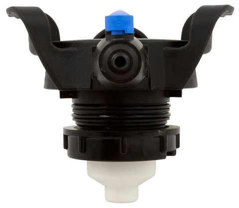 Waterway pressure relief valve assembly with blue actuator cap, black body, white inlet.