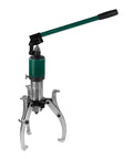 Real Deal Three Jaw Hydraulic Gear Puller And Heavy Duty Bearing Extractor For Wheel Hubs Rotors Sprockets Axles with a green handle.