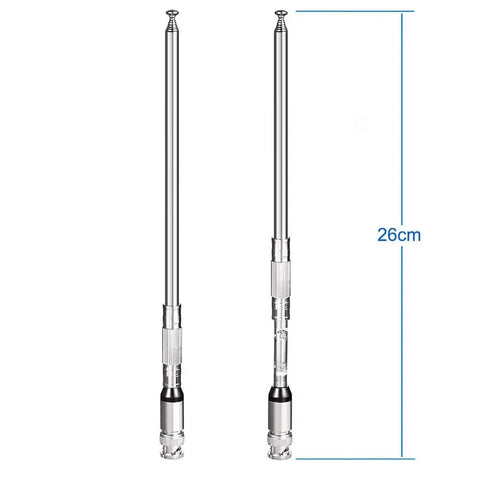 Two Wideband 20-1300MHz Police Scanner Antennas, 8-Section Telescopic 50 Ohm BNC Male Connectors, compact at 26cm length.