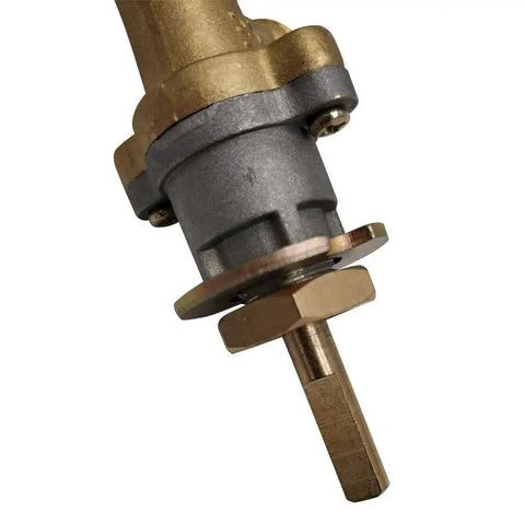 Close-up of the brass Propane Gas Fire Pit Safety Valve With Thermocouple And Knob For Flame Safe Operation Flame Failure Device.