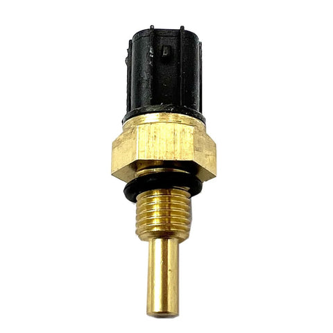 Engine coolant temperature sensor with brass threaded shaft and black plastic connector, front view.