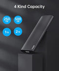 Side view of slim aluminum 250GB Portable SSD USB 3.2 Gen 2 Type-C External Drive with capacity options and sleek design.