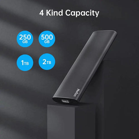 Side view of slim aluminum 250GB Portable SSD USB 3.2 Gen 2 Type-C External Drive with capacity options and sleek design.