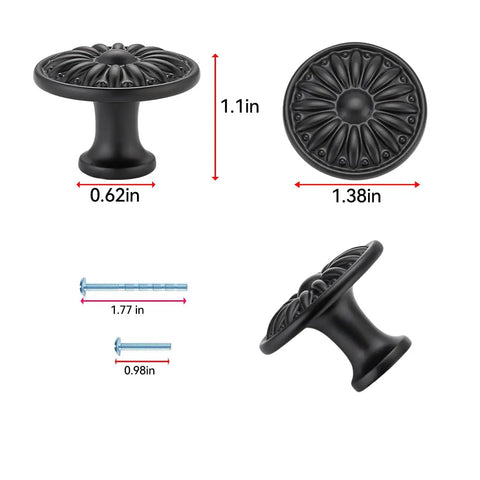 Six Pack Matte Black Cabinet Knobs Zinc Alloy Round Cupboard Drawer Pulls For Dresser Wardrobe And Closet Vintage Vibe Hardware With Single Hole Mount Heavy Duty 35mm Knob And 25mm Screws Durable And Easy Install showing dimensions and screws
