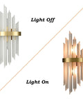 Modern Crystal Glass Wall Sconce Set Of 2 Gold Finish Bath Vanity Lights With Crystal Shade, light off and on views