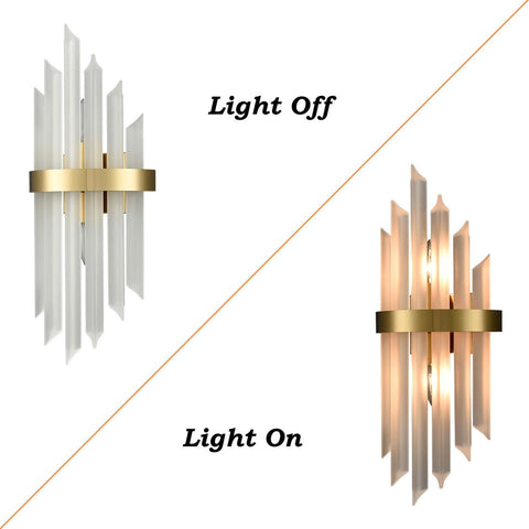 Modern Crystal Glass Wall Sconce Set Of 2 Gold Finish Bath Vanity Lights With Crystal Shade, light off and on views