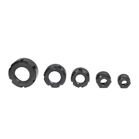 5PC Heavy Duty ER Collet Sliding Nut M50 X 1.5 set showing various sizes for CNC mill clamp precision and durability.