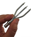 Hand holding Galvanized 3 Prong Flat Trident For Spearfishing Freediving And Scuba Diving, 6mm Thread, 4 Inch Length
