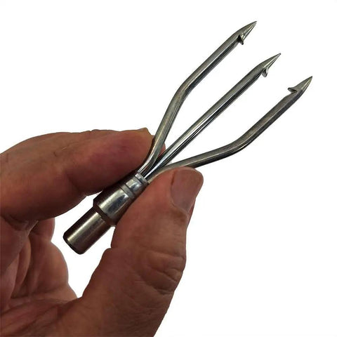 Hand holding Galvanized 3 Prong Flat Trident For Spearfishing Freediving And Scuba Diving, 6mm Thread, 4 Inch Length