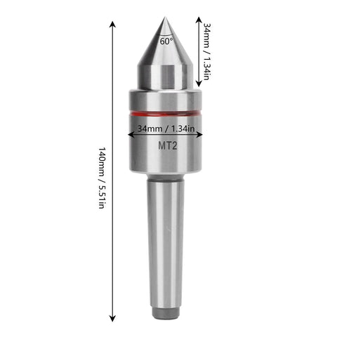 MT2 live center, high-carbon steel, 60° tip, 34mm diameter body, Morse taper MT2 (front view)