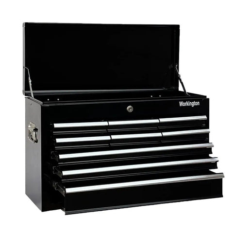 Beefy Portable 9 Drawer Tool Chest In Steel Black With Ball Bearing Drawer Slides Central Lock Two Side Handles 24 Inch Wide