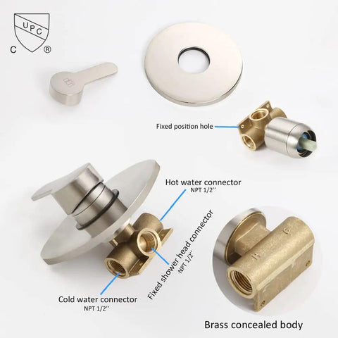 Brushed Nickel Shower Faucet Set With Rainfall System Wall Mounted Eight Inch Shower Head And Handle Single Function Trim Kit components