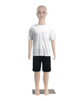 Front view of a 43.3-inch gender-neutral child mannequin with white T-shirt and black shorts on a metal base.