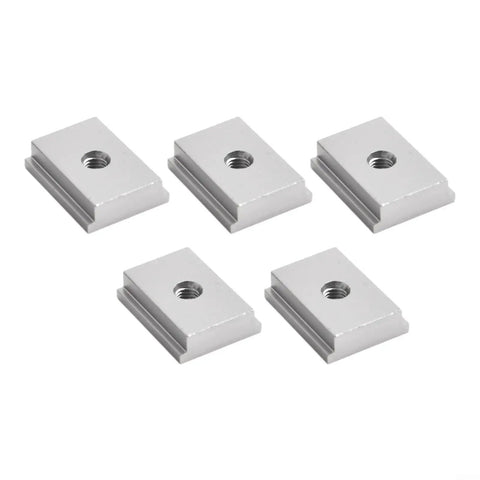 5 Pack Heavy Duty M6 Aluminum T Slot Nuts For Table Saw Sliders And T Track Runner Clamps Perfect Sled System Fitment Grey, showing five grey aluminum nuts.