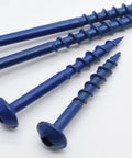 Close-up of zinc-coated carbon steel pocket hole screws with square drive, washer head, and coarse thread on white background