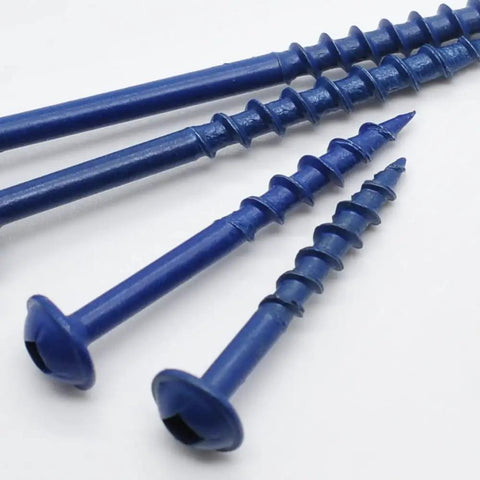 Close-up of zinc-coated carbon steel pocket hole screws with square drive, washer head, and coarse thread on white background