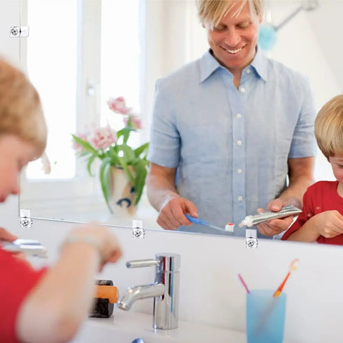 Family using 22 Piece Mirror Clip Kit With Screws For Easy Install And Hanging Glass Includes Crystal Clear Plastic Clips in bathroom