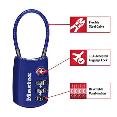 Set Your Own Combo TSA Travel Lock For Luggage And Zippers, Rugged Padlock With Cable Shackle, Colors May Vary