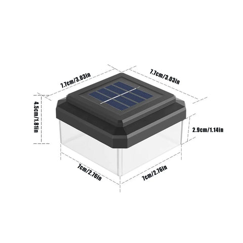 Weather Proof Fence Post Solar Lights For Backyard And Driveway Lines durable solar lamp with dimensions, solar panel on top.