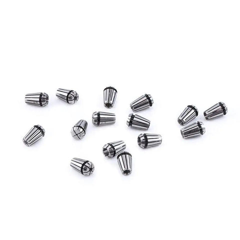 15 Piece ER11 Collet Set for CNC Milling and Engraving Spring Steel Workholding Chuck, sizes 1mm to 7mm, scattered view