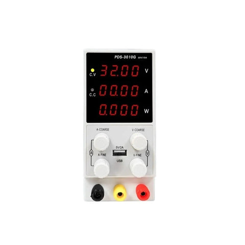 Adjustable DC Power Supply 0 To 30V 0 To 10A With Rock Solid Output And Low Ripple Built In Overvoltage Overcurrent Short Circuit And Overheat Protections Durable Case With Heat Dissipation Vents For Safe Lab Or DIY Projects. Front view of compact 30V/10A DC bench power supply with digital display.
