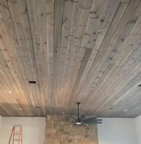 Pro Grade Reactive Water Based VOC Free Wood Stain For Pine delivers a rustic weathered gray brown ceiling look.