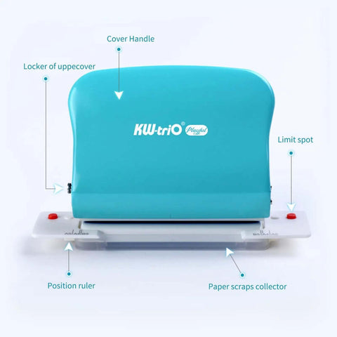 Front view of 10 Hole Paper Punch Handheld Metal Puncher For A4 A5 B5 Notebooks and Scrapbooks with labeled parts