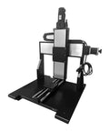 Motorized Three Axis Mobile Gantry Stage With 300mm Travel And 150X150mm Platform, featuring a black frame and precision components.