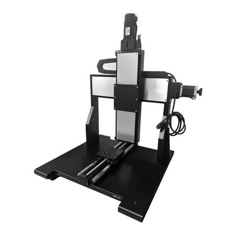 Motorized Three Axis Mobile Gantry Stage With 300mm Travel And 150X150mm Platform, featuring a black frame and precision components.