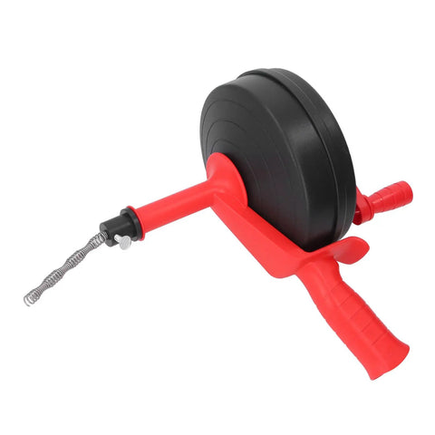 Heavy Duty Manganese Steel Drain Auger And Thirty Two Foot Plumbing Snake for Kitchen Bathroom Pipe Unclogging, black and red design.