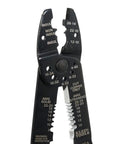Close-up of American Made Multi Tool Wire Stripper Cutter And Crimper For 8-22 AWG with measurement markings and bolt holes.