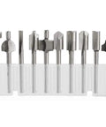 Ten Piece HSS Router Bit Set With One Eighth Inch Shank For DIY Woodworking Handyman Pro Grade Straight Trim V Groove