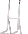 Raymond 550 Stacked Chair Dolly With 8 Inch Skid-Resistant Rubber Wheels And 240 Lb Capacity, silver frame with red handle.
