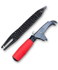 Japanese Rasp And Sanding Block Quick Swap Blades Non Clogging Teeth with red rubber grip and black sander head for woodworking tasks