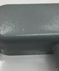 Heavy Duty Pro Grade 1.5 Inch Type LR Conduit Body, gray, for secure electrical wiring and cable routing.